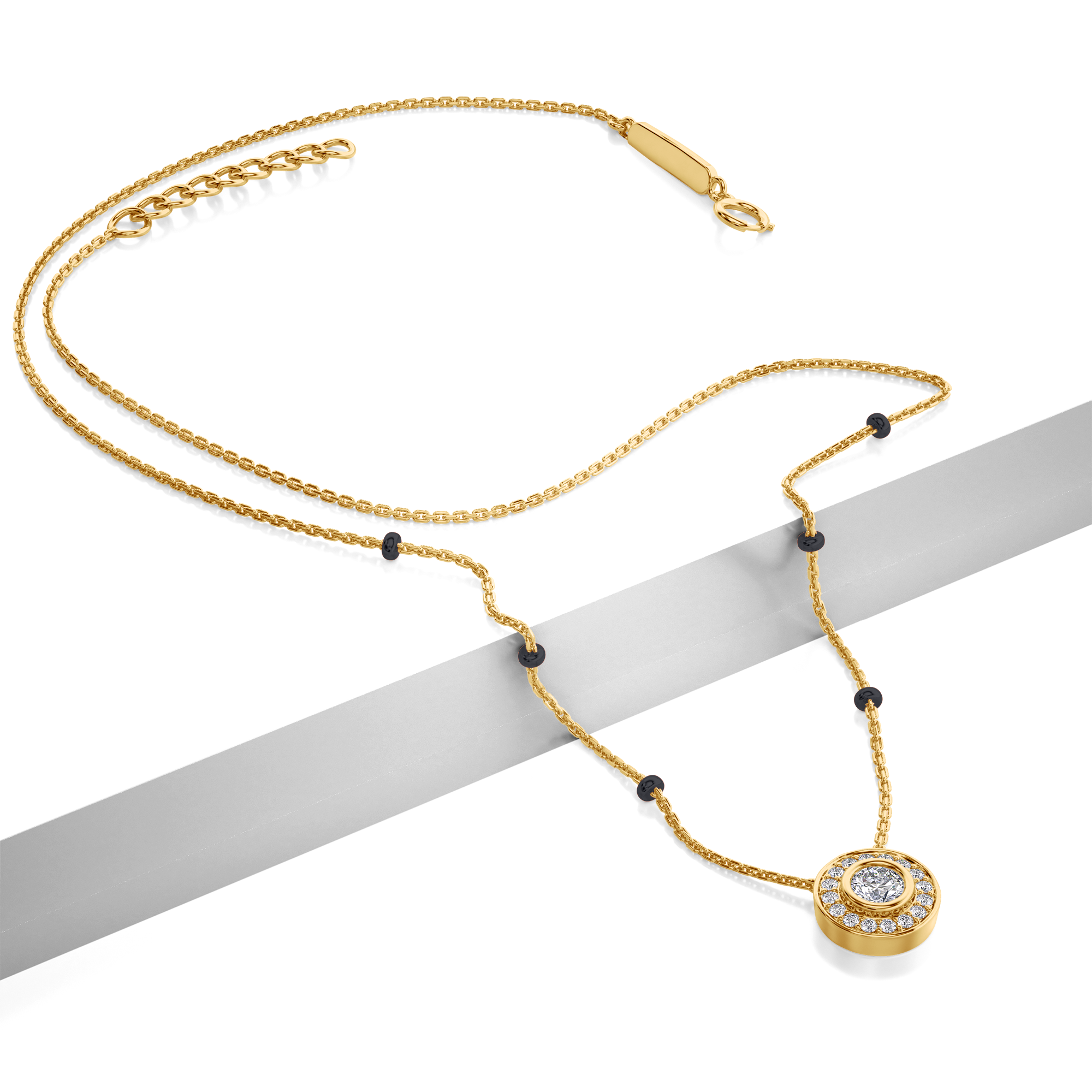 Eesha Diamond Mangalsutra Customizable modern mangalsutra handmade in 18 karat yellow gold top view