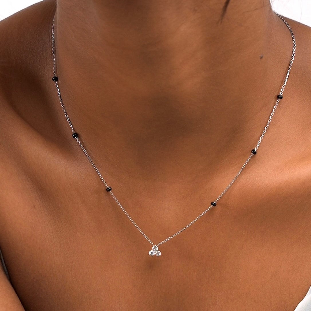 Model Wearing Mila Diamond Mangalsutra in 18k White Gold