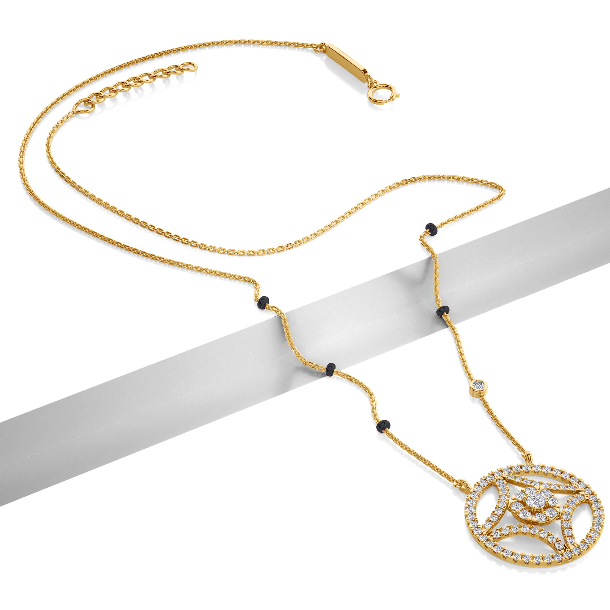 Saanvi Diamond Mangalsutra Customizable modern mangalsutra handmade in 18 karat yellow gold top view