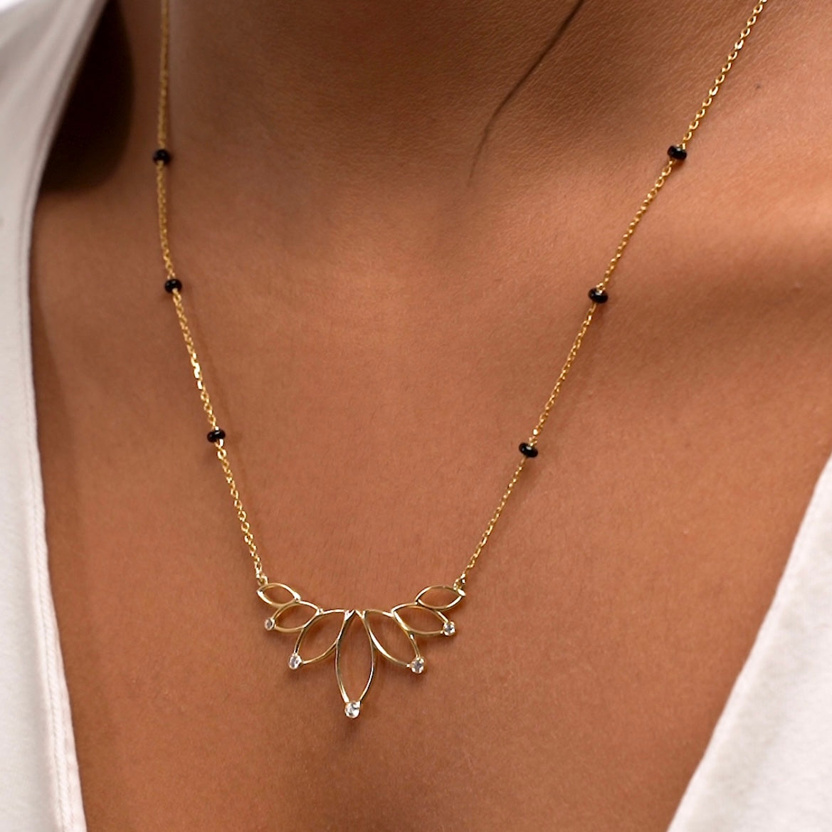 Model Wearing Rahi Diamond Mangalsutra in 18k White Gold